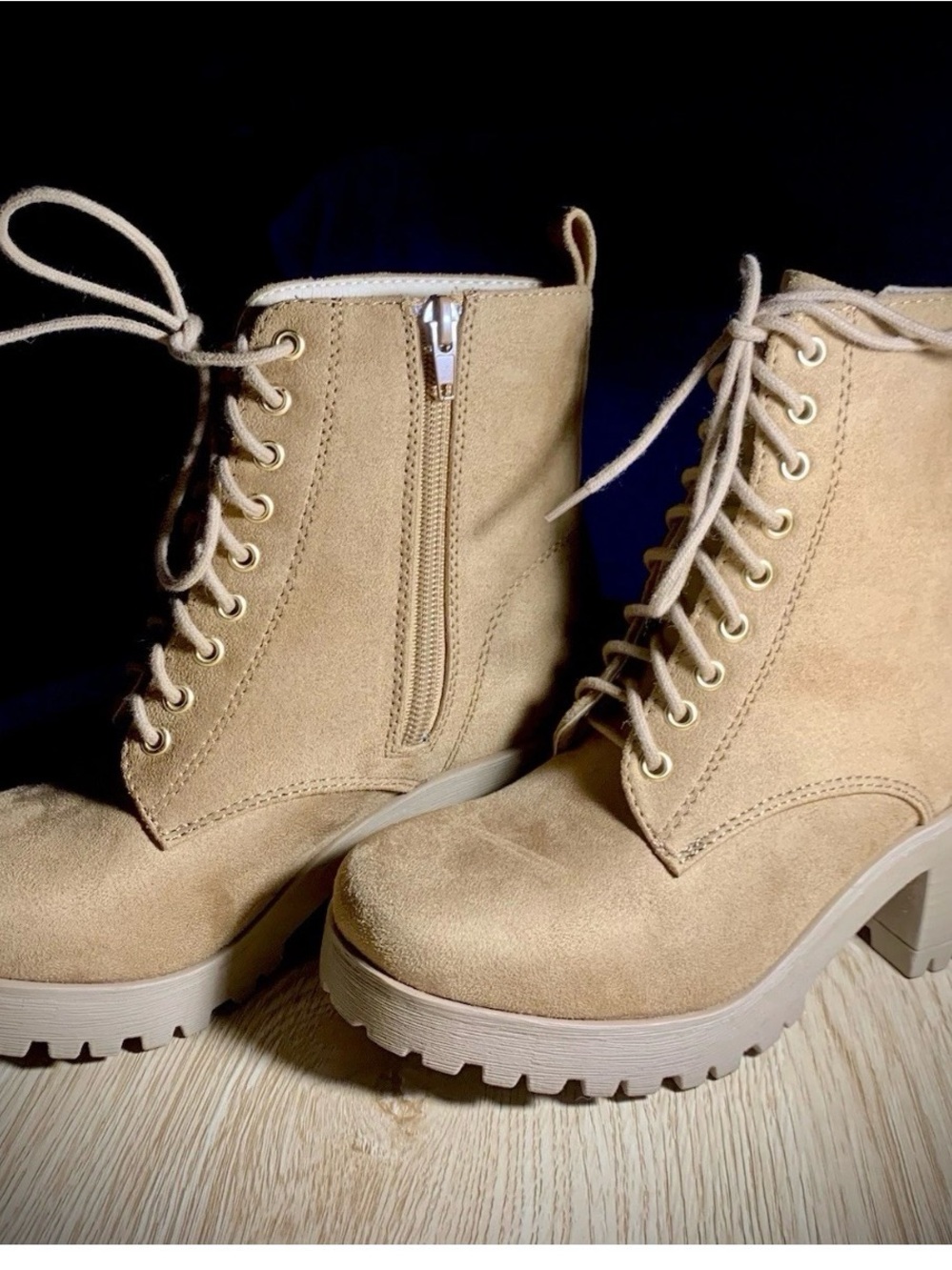 Soda Tan Lace-Up Suede Ankle Boots with Side Zip